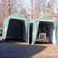 Two 14x42x17 RV/Boat Garages House Style, green, side by side with doors open